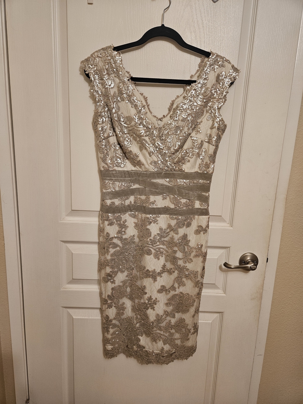Tadashi Shoji Ivory Midi Dress with Gold Lace and Sequin Detail